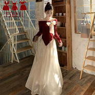 萬(wàn)欣兒千金套裝一字蝴蝶結長(cháng)袖上衣針織衫2026新款秋季高腰半身裙兩件套 (兩件套)上衣+半裙 L