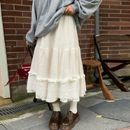 法式甜美少女A字裙2025冬加厚高腰顯瘦蕾絲拼接蛋糕裙毛絨半身裙 米白色-小個(gè)子版-裙長(cháng)75cm S