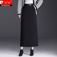 皮爾卡丹仿毛呢半身裙冬季長(cháng)裙到腳踝一步裙超長(cháng)款包裙秋冬灰色包臀裙冬裙 黑色 2XL 腰圍2尺3