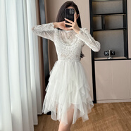 家隆名秀感鏤空勾花網(wǎng)紗拼接連衣裙女秋2025重工釘珠亮閃閃大擺裙 白色 L