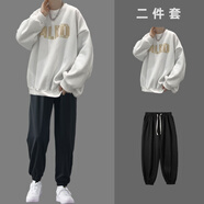 圓領衛(wèi)衣男套裝秋冬季款潮流歐美街頭簡約一套搭配休閑小紅書爆款 [常規(guī)2件裝]Y88衛(wèi)衣白色+束腳褲 S