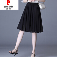 皮爾卡丹大碼雪紡半身裙2025夏季顯瘦松緊腰遮胯傘裙百褶高腰大擺a字中裙 黑色 XL