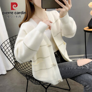 皮爾卡丹水貂絨加厚針織衫外套上衣2025秋冬新款女裝韓版口袋寬松毛衣開(kāi)衫 米白色 2XL