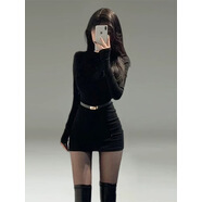 桃伊悠（taoyiyou）黑色半高領(lǐng)包臀連衣裙女秋冬辣妹修身純欲短裙長(cháng)袖春季裙子配腰帶 黑色【加腰帶】 M 【建議85-100斤c