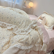 意·歐戀納羅萊仙女款荷葉邊棉加絨四件套a版雙層紗全棉b版牛奶絨花邊被套床 紗+絨 小碎花藍粉 床笠款 1.5m四件套