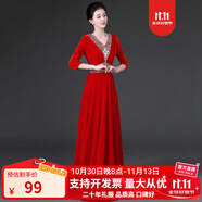 普戈斯合唱服長裙成人金絲絨大合唱演出服女指揮主持人中老年舞臺晚禮服 紅色【大合唱演出服】 2XL