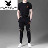 花花公子（PLAYBOY）2025法國公雞夏季男士運動(dòng)套裝棉質(zhì)寬松短袖長(cháng)褲跑步休閑服一整套 短長(cháng).褲T001黑色款 常規 L 建議【100-125斤】