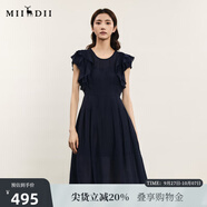 謎底連衣裙短袖女夏季新品優(yōu)雅氣質(zhì)荷葉袖中長(cháng)裙242ML0566 深藍花 XL