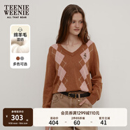 Teenie Weenie小熊秋學(xué)院休閑綿羊毛混紡V領(lǐng)學(xué)院菱形格毛衣針織衫 卡其色 S 160
