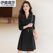 伊雅露莎職業(yè)裝女裝連衣裙長袖新款時尚商務(wù)休閑中長款西服裙子665 黑色連衣裙 4XL