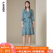藍(lán)地新款孔雀藍(lán)印花七分袖碎花連衣裙女高腰a字中長裙春夏 孔雀藍(lán) S