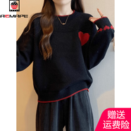 AEMAPE圓領(lǐng)套頭愛心刺繡慵懶風(fēng)加絨加厚毛衣女秋冬大碼遮肚顯瘦針織上衣 黑色 L 【110--120斤】