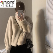 啄木鳥(niǎo)（TUCANO）一體水貂毛絨外套女2025冬季年輕款貂皮短款立領(lǐng)皮毛環(huán)保毛毛外套 米杏色【內里鹿皮絨 S 80-115斤