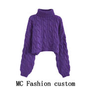 vnxifm歐美高領(lǐng)套頭短款麻花毛衣女秋冬新款慵懶風(fēng)寬松加厚針織毛衣 紫色 均碼