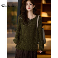 塔馳密司（touchmiss）洋氣長(cháng)袖雪尼爾蕾絲衫女秋冬新款時(shí)尚罩衫2025年大碼歐貨上衣 橄欖綠 L 【120-140斤】