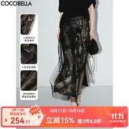 COCOBELLA[浮金碎影]新中式燙金網(wǎng)紗半身裙夏開叉長裙HS0028 黑金 M