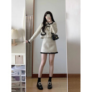 恒源祥小香風(fēng)富家千金娃娃領(lǐng)撞色短外套女冬季夾棉加厚毛呢半裙兩件套裝 套裝兩件套(加內里) M 【建議100-110斤左右】