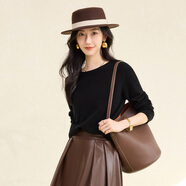 春竹100%綿羊毛半高領(lǐng)無(wú)縫羊毛衫基礎百搭簡(jiǎn)約純色針織打底衫毛衣女 亮黑（一字領(lǐng)） L （100CM）