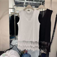 花花公子（PLAYBOY）夏季新款300斤中長(cháng)款拼接花邊蕾絲背心女大碼寬松遮肉V領(lǐng)上衣 白色 L 建議120-150斤