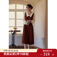 獨(dú)束大碼女裝假兩件撞色襯衫領(lǐng)連衣裙女秋冬微胖mm文藝復(fù)古穿搭裙子 勃艮第紅【適合165左右】 M