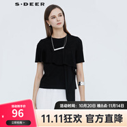 S.DEER圣迪奧夏季女裝時(shí)尚圓領(lǐng)抽褶拼接不規(guī)則短袖T恤S21280117 黑色/91 M 165