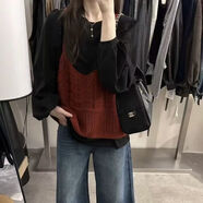 秋季新款大碼女裝針織上衣毛線馬甲兩件套套裝寬松韓版長款疊穿 紅色馬甲配黑色上衣
