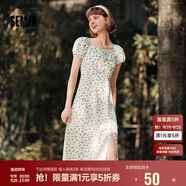 森馬（Semir）連衣裙女開叉泡泡袖中長裙夏方領雪紡碎花裙浪漫109324114014