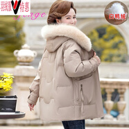 媽媽裝羽絨服女派克服冬裝新款時(shí)尚洋氣中老年女裝棉服中長(cháng)款大碼連帽真毛領(lǐng)中年女士保暖加厚羽絨外套 卡其色 3XL建議125斤--135斤