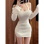 彩木夏純欲辣妹白色掛脖吊帶連衣裙女秋法式氣質(zhì)性感修身收腰包臀短裙子 白色 M 95-110斤（1米6身高標準）