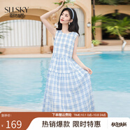 熙世界（sllsky）藍白格子無(wú)袖連衣裙女2025夏季新款休閑氣質(zhì)圓領(lǐng)背心裙子 藍白格 S