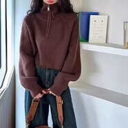 SATCHI2025歐美半拉鏈高領套頭毛衣女款時尚美拉德色系穿搭針織上衣 咖啡色 均碼