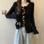 不規則設計長(cháng)袖針織衫毛衣針織開(kāi)衫小眾新款秋季打底洋氣顯瘦上衣 黑色 S