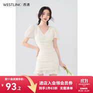 西遇V領(lǐng)泡泡袖連衣裙女2025年早夏新款法式褶皺收腰修身包臀裙子 黃色 XL