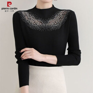 皮爾卡丹秋冬韓版性感鏤空鑲鉆針織衫女套頭毛衣彈力網(wǎng)紗繡花蕾絲打底衫女 黑色3016 M 建議80-105斤