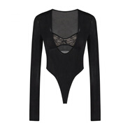 美式辣妹V領(lǐng)長(cháng)袖T恤女夏季連身衣修身內搭設計感黑色緊身打底上衣 上衣 S