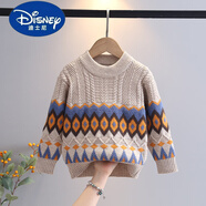 迪士尼（Disney）2025秋冬男童針織衫薄款套頭打底衫拼色上衣男孩線(xiàn)衫中大兒童毛衣 卡其色 條紋菱形 100 cm