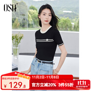 歐莎（OSA）拼接撞色圓領(lǐng)針織衫女氣質(zhì)顯瘦套頭衫2025年夏季新款T恤上衣 黑色 M