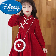 迪士尼（Disney）春節(jié)拜年服25新款春秋女童旗袍紅色連衣裙加絨過(guò)年圣誕禮新款裙子 紅色加絨【連衣裙】 (不帶包包) 140