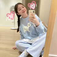辭檸慵懶風(fēng)提花套頭卡通小狗毛衣女秋冬韓國寬松針織衫灰色上衣 藍(lán)色 均碼