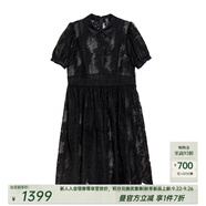 茶·愫【浪漫千金】puretea茶愫重工蕾絲繡花高腰收褶a字連衣裙2025夏新 石墨黑 M