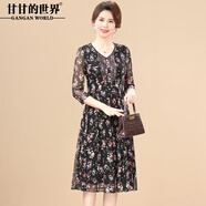 甘甘的世界（GANGAN WORLD）2025夏季新款時(shí)尚洋氣彈力網(wǎng)紗中年女連衣裙清爽七分袖 88黑色 L _適合95-115斤