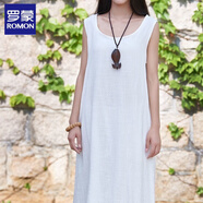 羅蒙顯瘦大擺裙夏性感復(fù)古寬松森女打底中長(zhǎng)款無(wú)袖棉麻連衣裙性感 白色