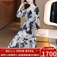 歐迪鳥英國品牌真絲連衣裙2024夏季新款貴夫人國風(fēng)水墨印花桑蠶絲裙氣質(zhì) 黑灰花 S