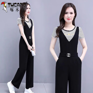 啄木鳥(niǎo)（TUCANO）闊腿背帶褲套裝女夏2025新款黑色修身小個(gè)子感減齡九分連體褲 條紋上衣+背帶褲【款】 M 80-100斤
