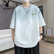 花花公子（PLAYBOY）吊染短袖男夏季薄款新款寬松上衣服重磅透氣漸變色男生恤衫 7823淺藍色 M 80-100斤