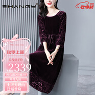 Ehangy輕奢品牌真絲絨連衣裙女2025年秋冬季新款時(shí)尚圓領(lǐng)中長(cháng)桑蠶絲裙子 酒紅色 S [適合<105]斤