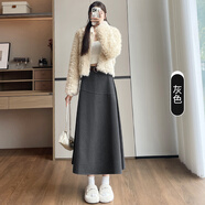 家隆名秀復古拼接毛呢裙女2025新款高腰A字大擺 灰色 S