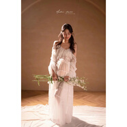 影樓新款孕婦照服裝歐美主題感白色套裝孕媽咪大肚照寫(xiě)真服飾 白色法式禮服連衣裙加白細吊帶+白內褲 均碼