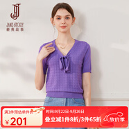 經(jīng)典故事（JANE STORY）經(jīng)典故事蝴蝶結(jié)系帶針織衫女2024夏季新款肌理感格紋上衣短袖小衫 紫色 M