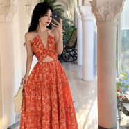 小紅書(shū)同款三亞旅游沙灘裙波西米亞長(cháng)裙感顯白海邊度假碎花掛脖連 桔色 S